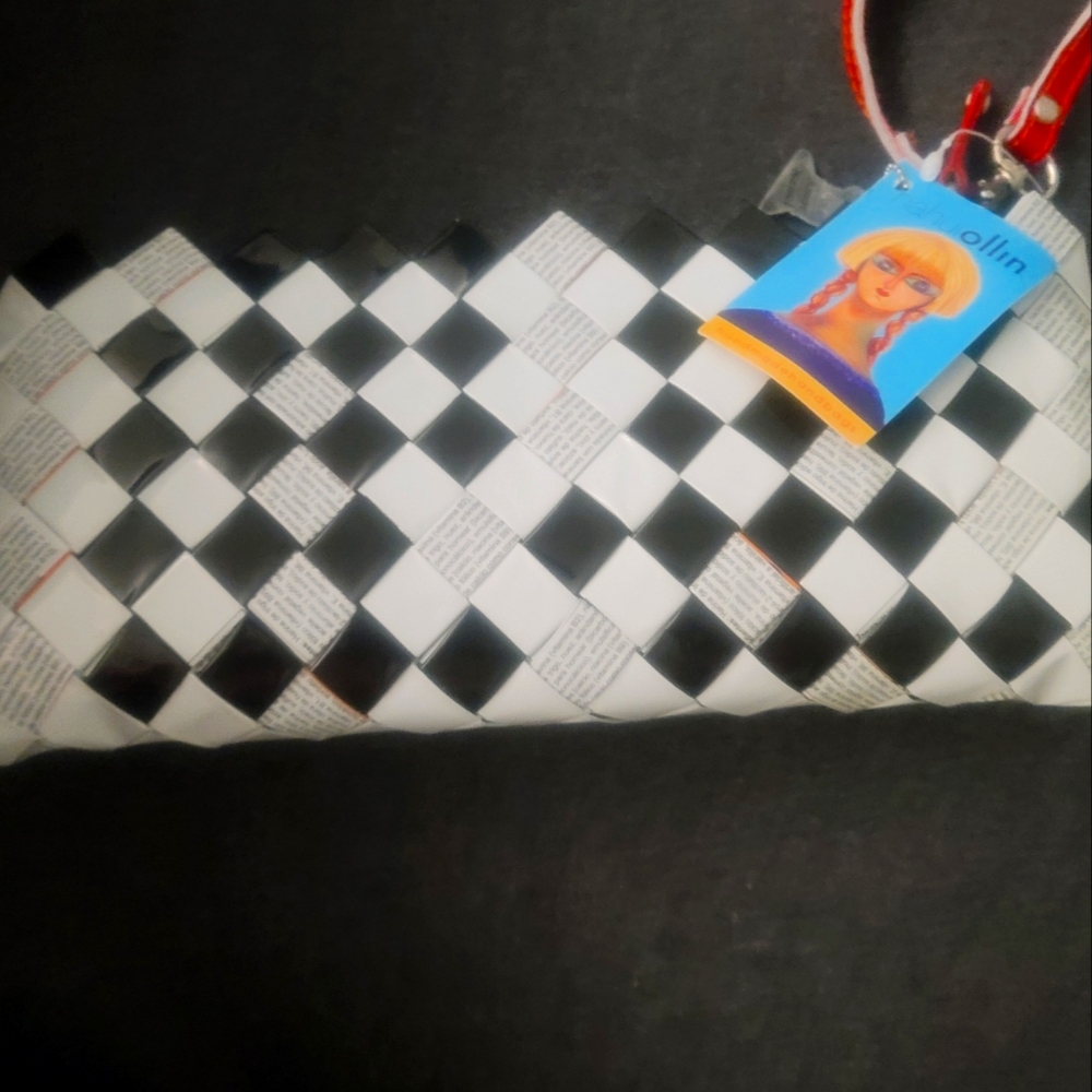 Nahui Ollin Black & White Bar Code Candy Wrapper Wristlet Clutch Pochette  NWT